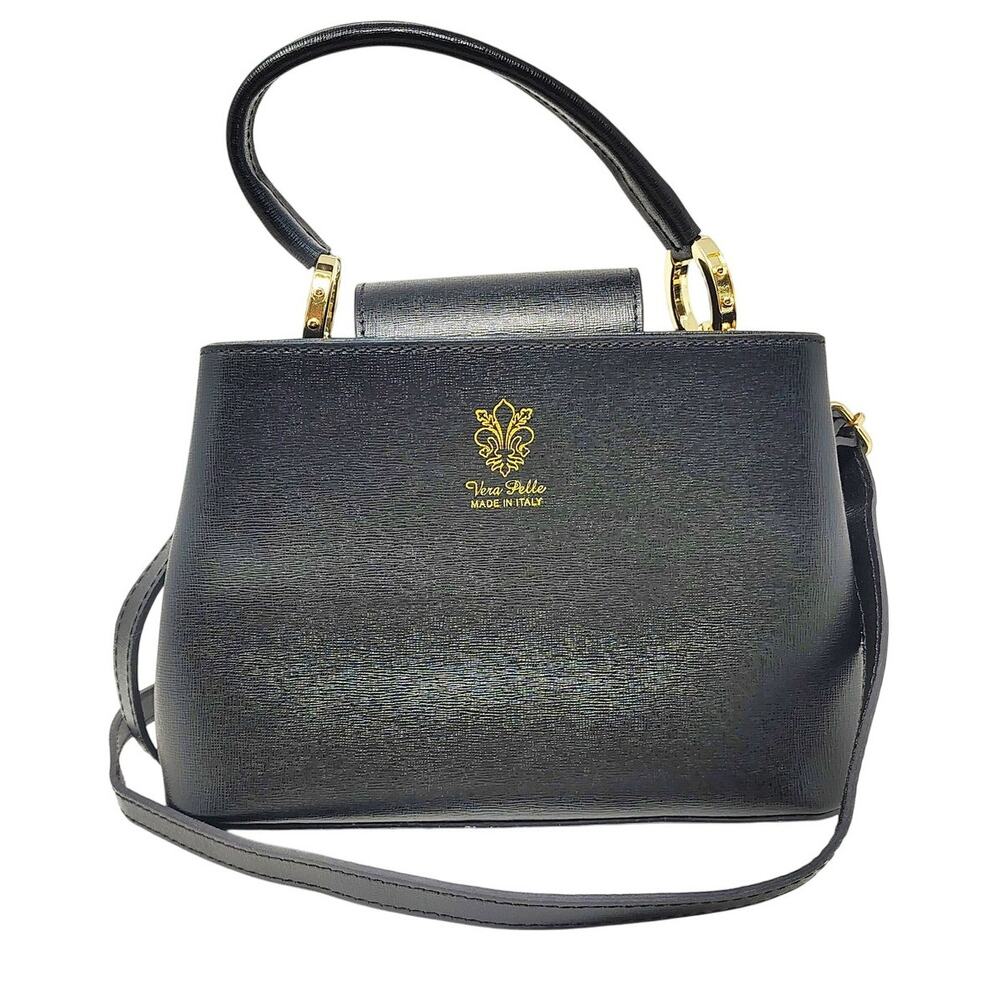 Vera Pelle Crossbody Bag Tote Shoulder Purse Black Leather Italy Italian